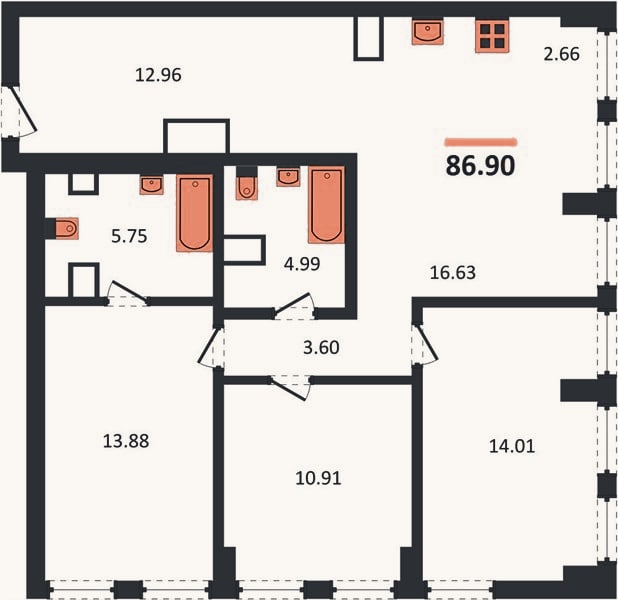 Планировка: 3-к, 86,5 м²