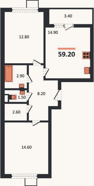 Планировка: 2-к, 59,2 м²