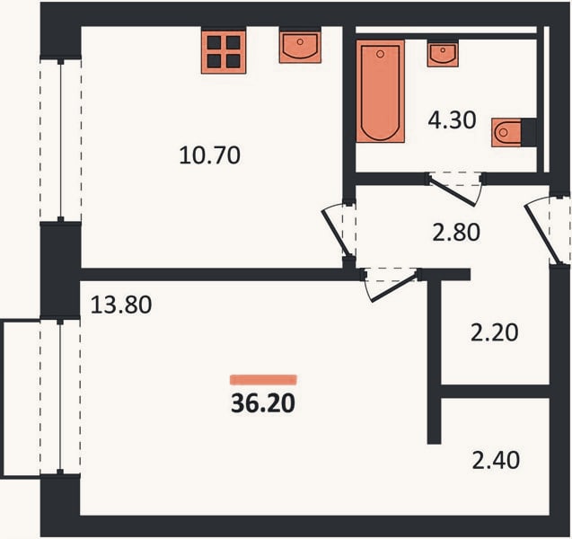 Планировка: 1-к, 36,2 м²