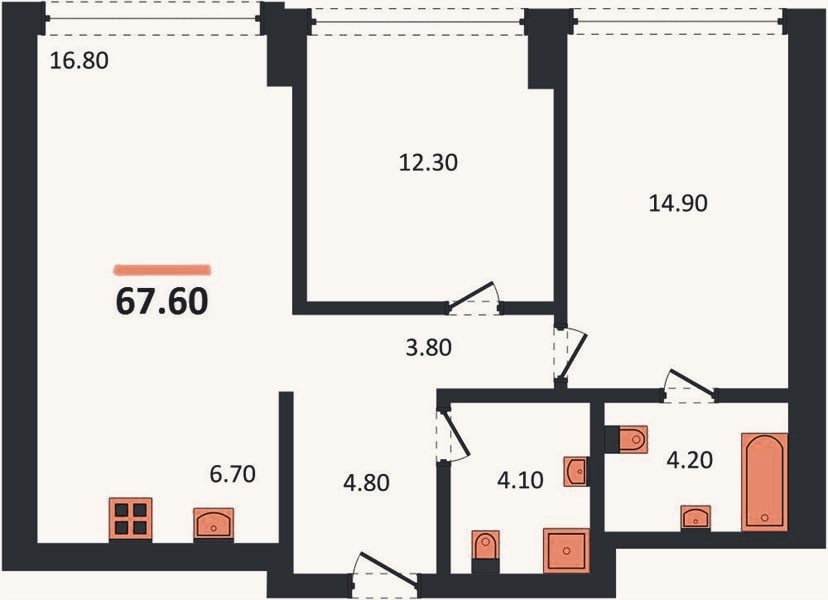 Планировка: 2-к, 67,6 м²