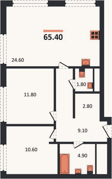 Планировка: 3-к, 66,4 м²