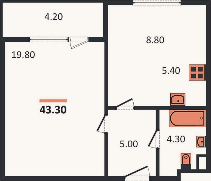 Планировка: 1-к, 43,3 м²