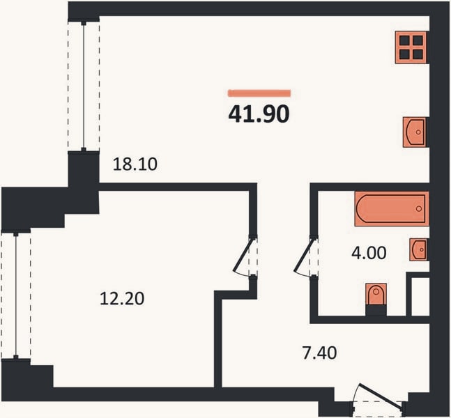 Планировка: 1-к, 41,9 м²