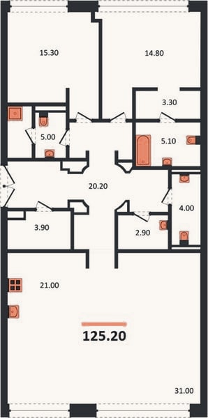 Планировка: 2-к, 125,2 м²