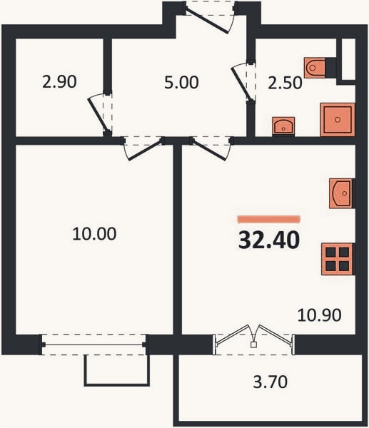 Планировка: 1-к, 32,4 м²