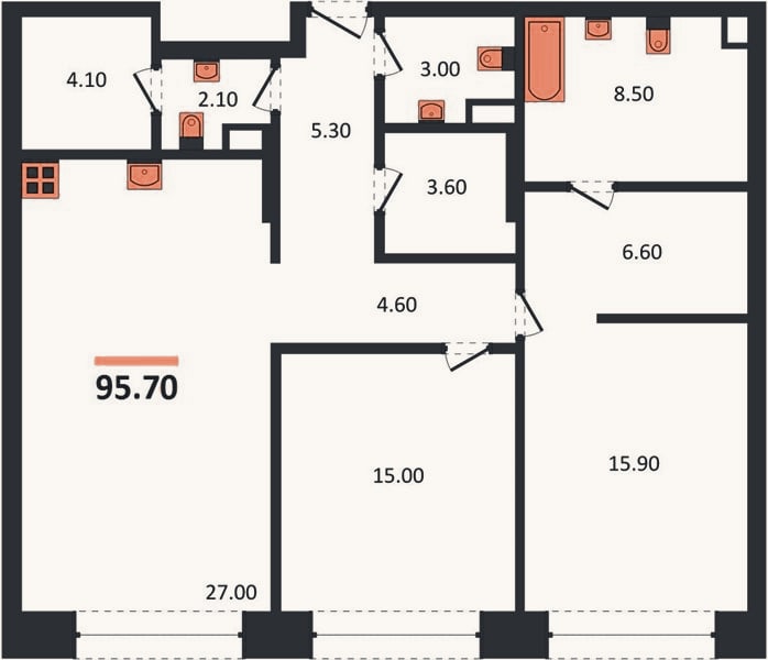 Планировка: 2-к, 95,7 м²