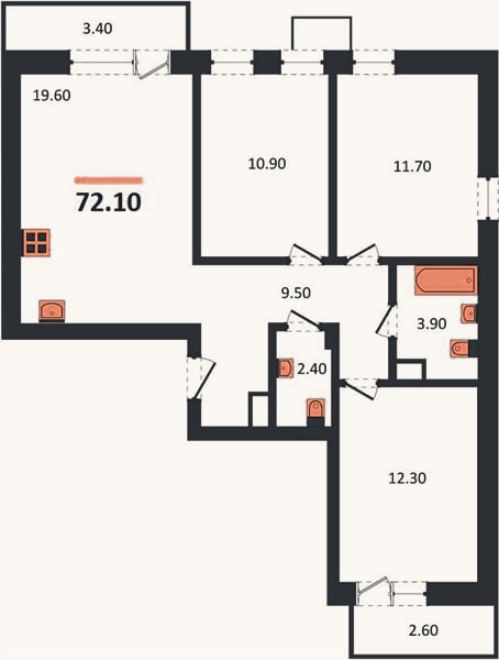 Планировка: 3-к, 70,8 м²