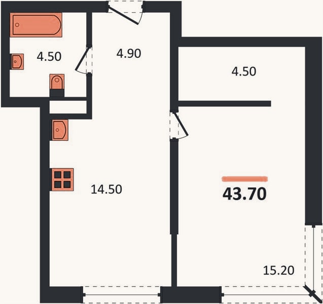 Планировка: 1-к, 43,7 м²