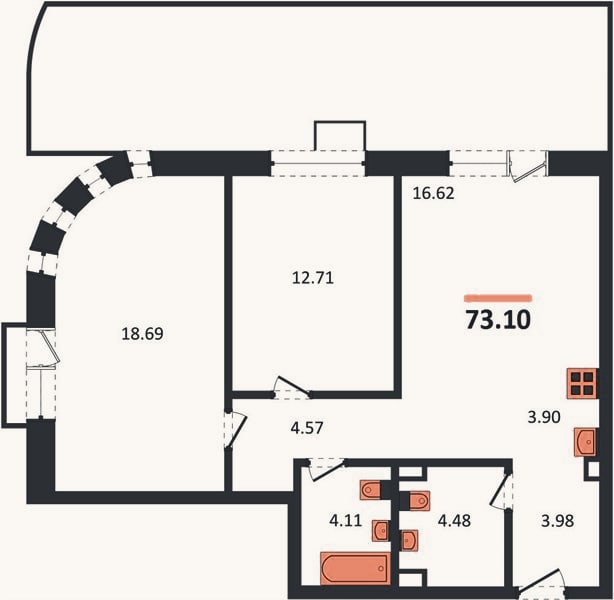 Планировка: 2-к, 73,1 м²