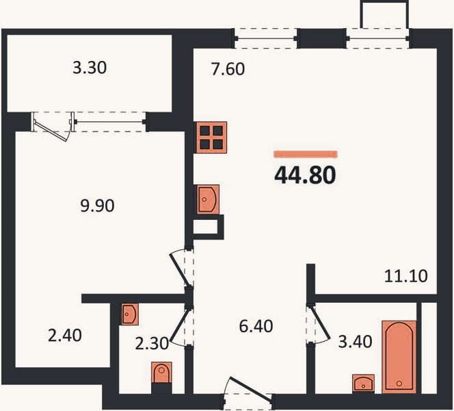 Планировка: 2-к, 44,8 м²
