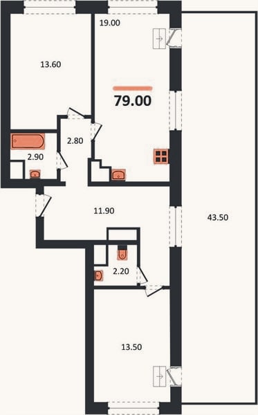 Планировка: 2-к, 79 м²
