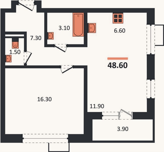 Планировка: 1-к, 48,6 м²
