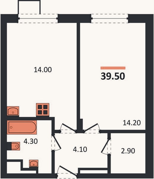 Планировка: 1-к, 39,5 м²