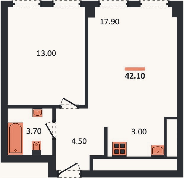 Планировка: 1-к, 42,1 м²