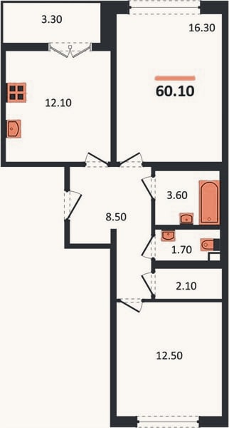 Планировка: 2-к, 60,1 м²