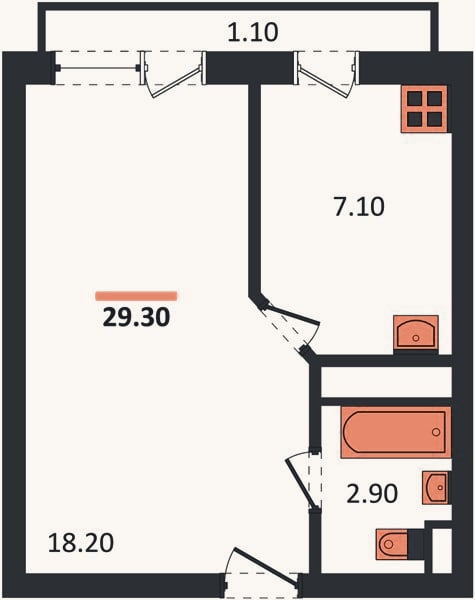 Планировка: 1-к, 29,3 м²