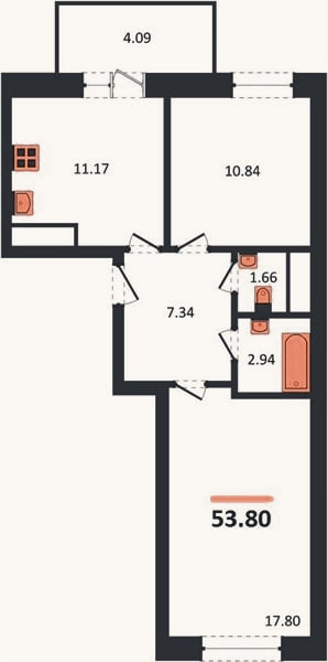 Планировка: 2-к, 53,8 м²