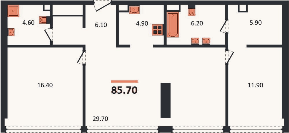 Планировка: 2-к, 85,7 м²