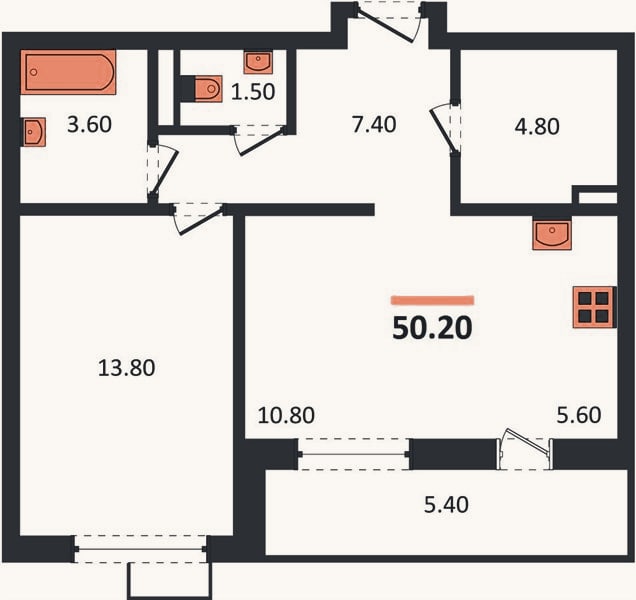 Планировка: 1-к, 50,2 м²