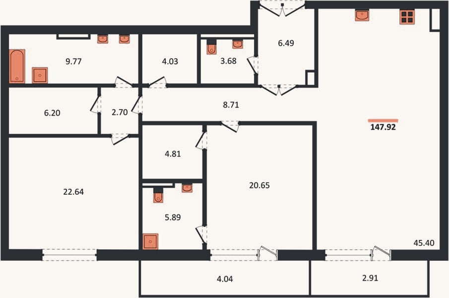 Планировка: 2-к, 148,1 м²