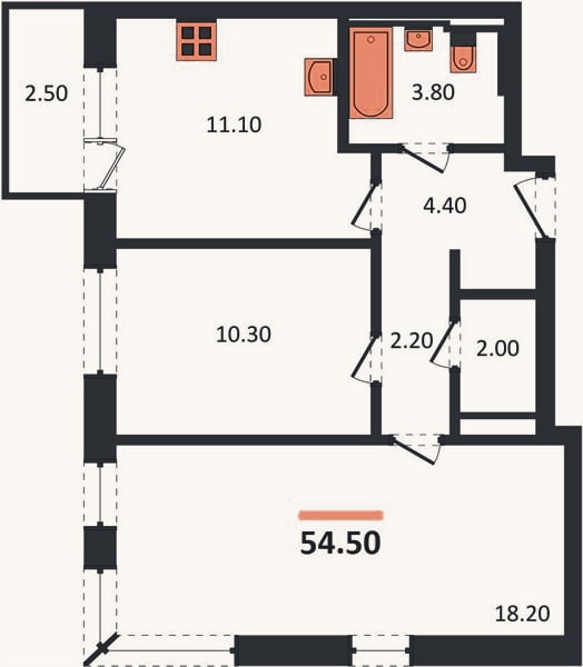 Планировка: 2-к, 54,5 м²