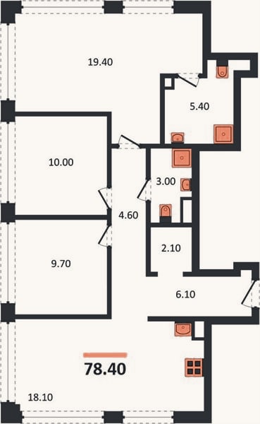 Планировка: 3-к, 79,6 м²