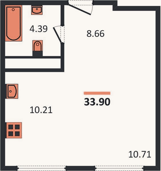 Планировка: Студия, 33,9 м²