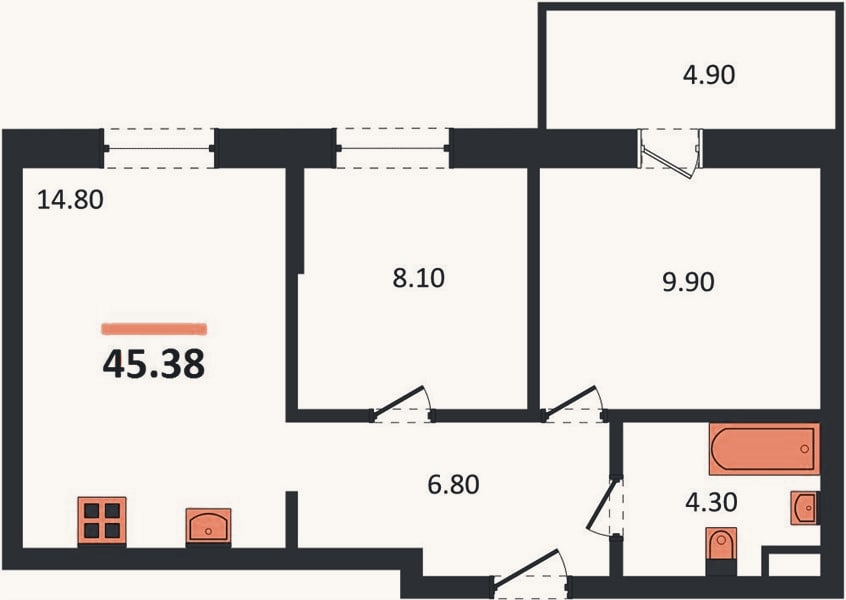 Планировка: 2-к, 45,4 м²