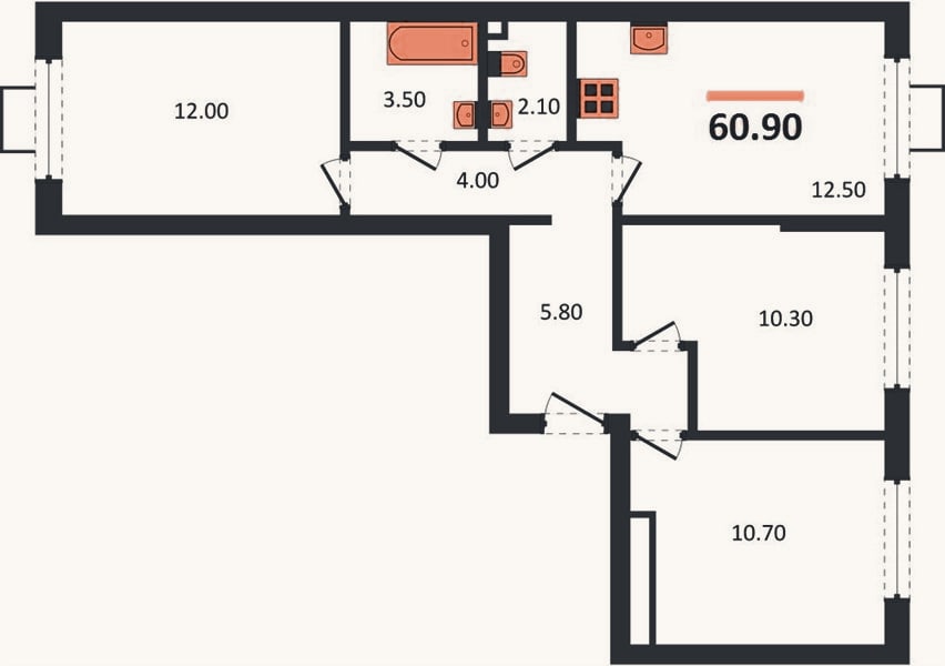 Планировка: 3-к, 60,8 м²