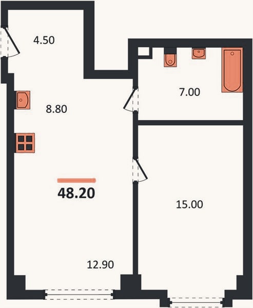 Планировка: 1-к, 48,2 м²