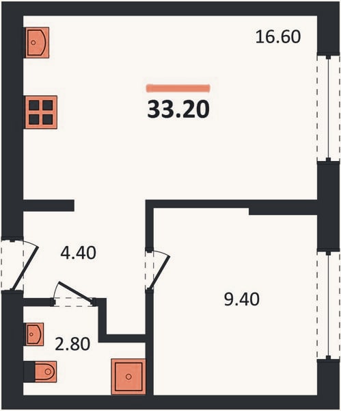 Планировка: 1-к, 33,2 м²