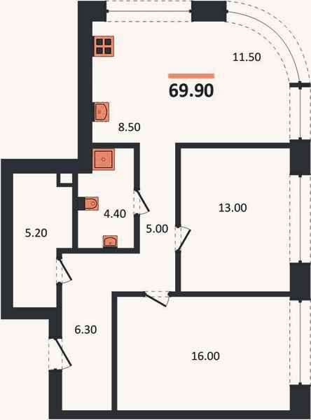 Планировка: 2-к, 69,9 м²
