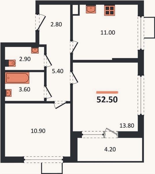 Планировка: 2-к, 52,5 м²
