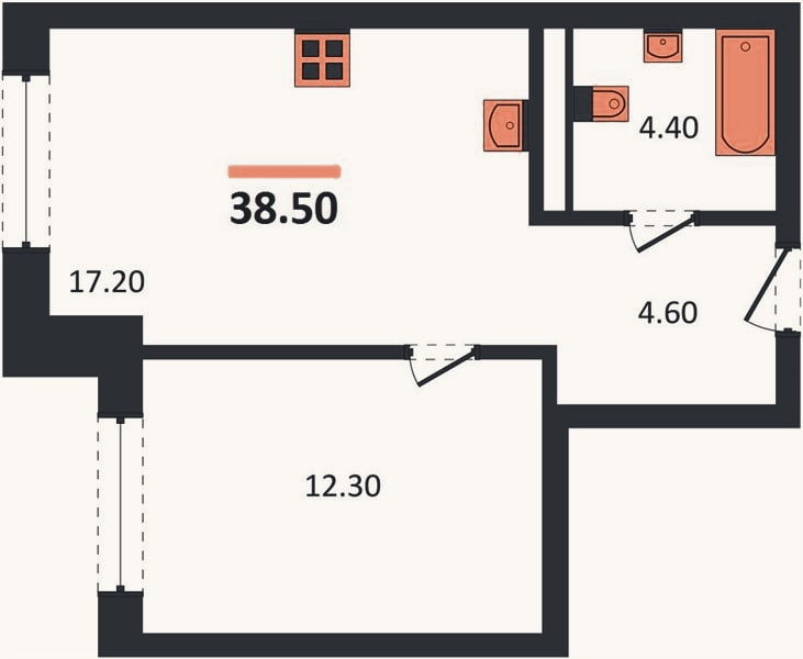 Планировка: 1-к, 38,5 м²
