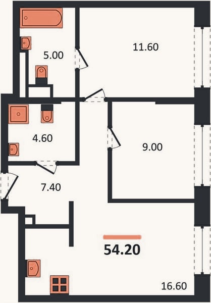Планировка: 2-к, 54,2 м²