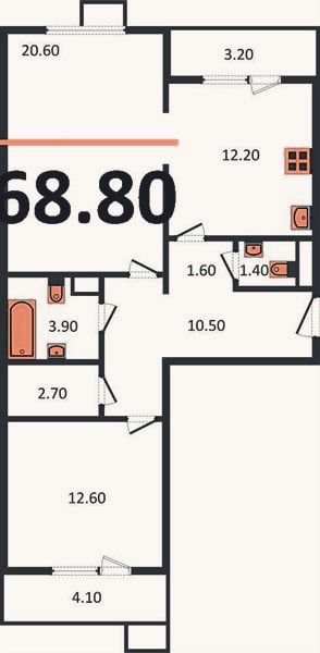 Планировка: 2-к, 68,8 м²