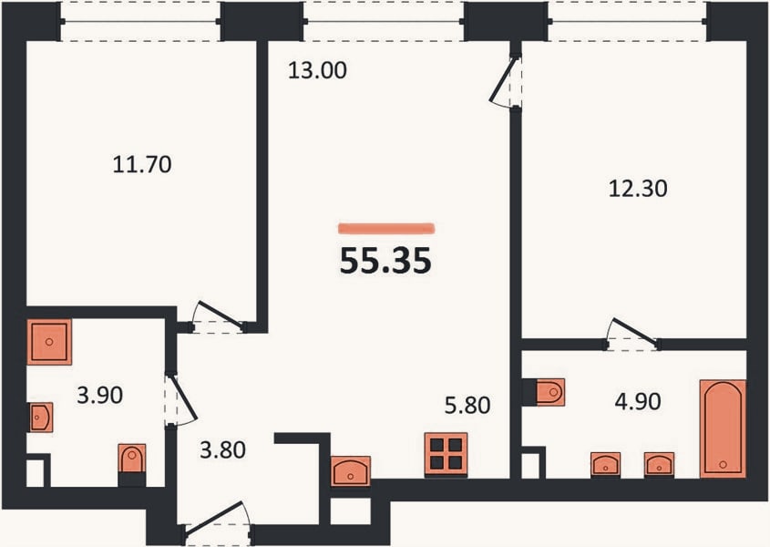 Планировка: 2-к, 55,4 м²