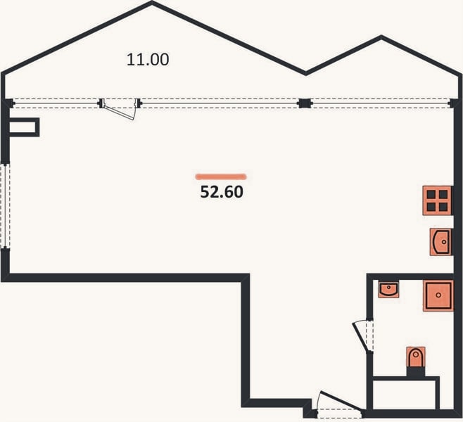 Планировка: 1-к, 52,6 м²