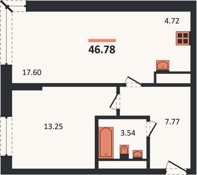 Планировка: 1-к, 46,8 м²