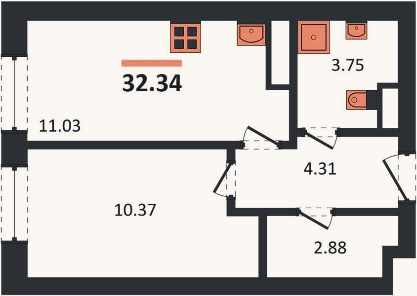 Планировка: 1-к, 32,3 м²