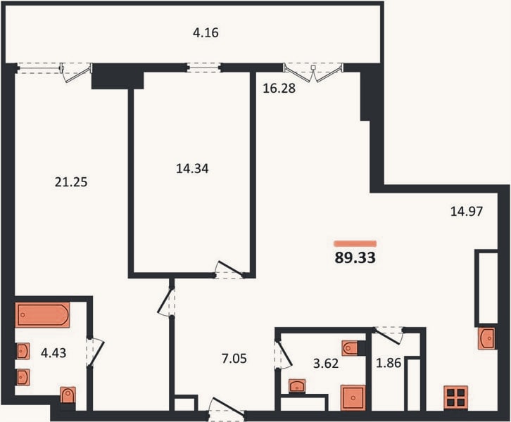 Планировка: 2-к, 89,3 м²