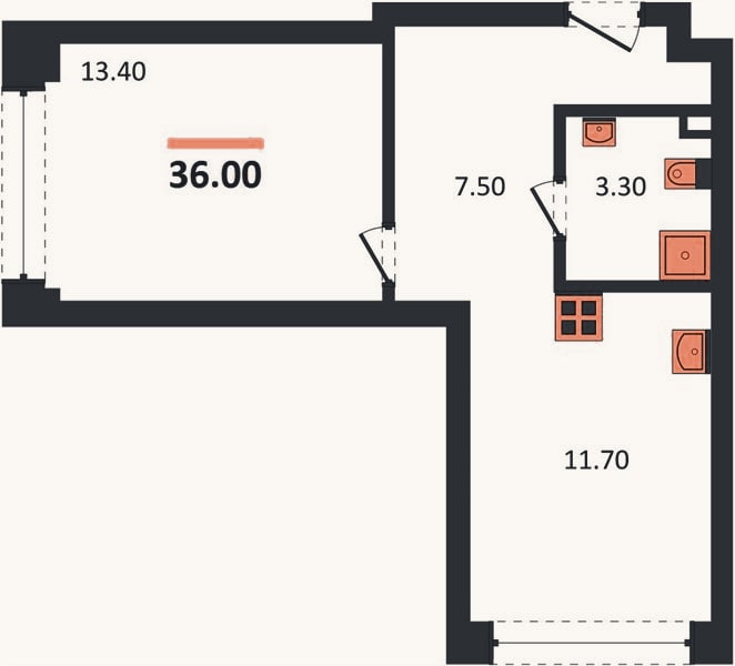 Планировка: 1-к, 36 м²