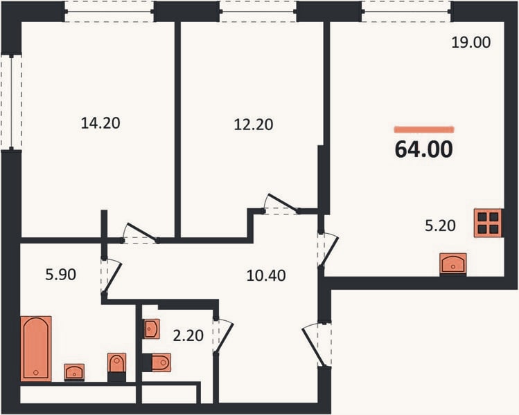 Планировка: 2-к, 65,4 м²
