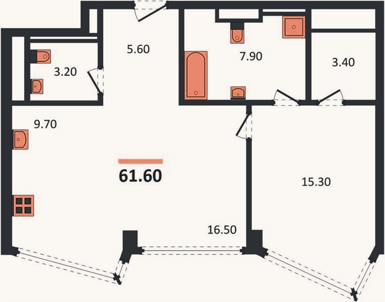 Планировка: 1-к, 61,6 м²