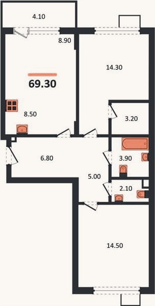 Планировка: 2-к, 69,3 м²