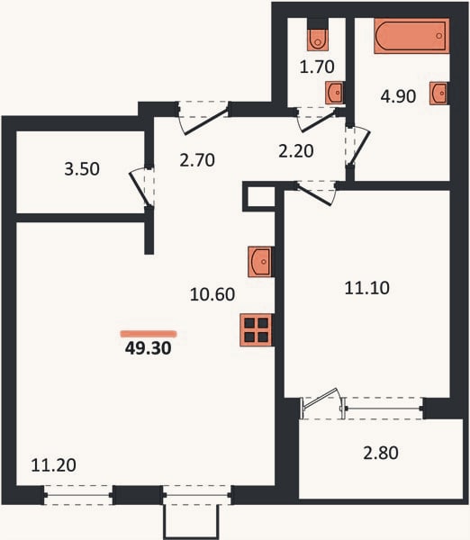 Планировка: 2-к, 49,3 м²