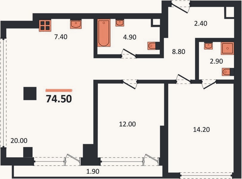 Планировка: 2-к, 74,5 м²