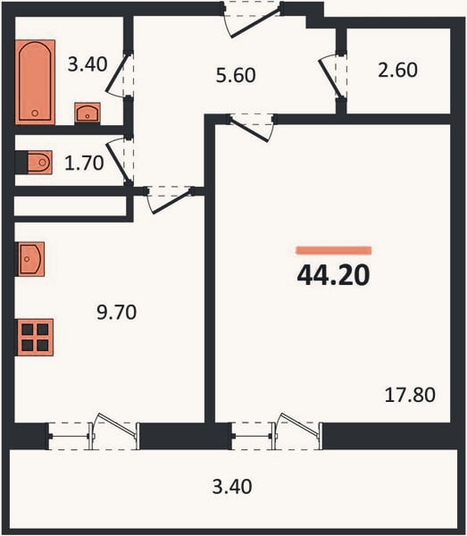Планировка: 1-к, 44,2 м²