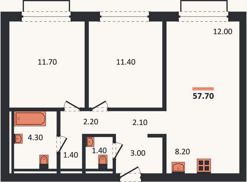 Планировка: 2-к, 57,7 м²