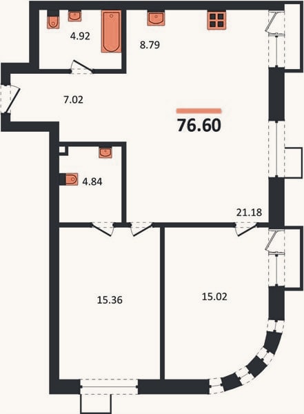 Планировка: 2-к, 76,6 м²